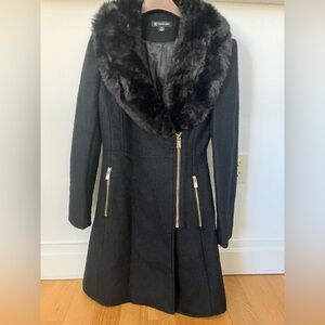 INC INTERNATIONAL CONCEPTS Faux Fur Collared Black Wool Coat Women Size XS